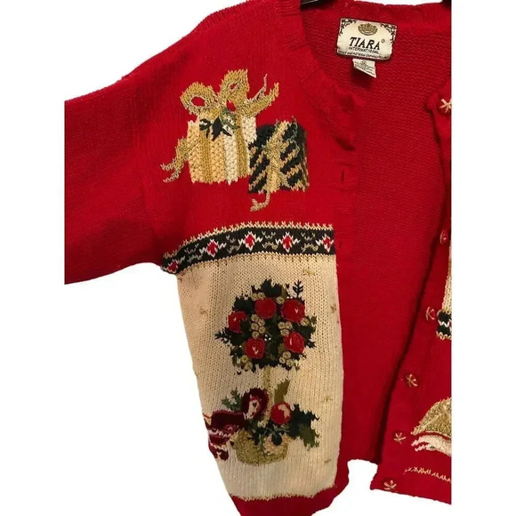 Tiara International Women's Red Embroidered Festive Holiday Cardigan Size M - Picture 4 of 6